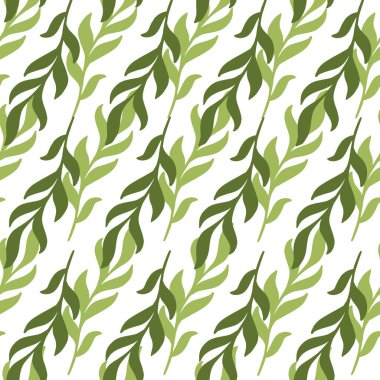 Yeşil yosun çiçekli siluet izli, deniz altı dikişsiz desen. İzole arka plan. Tekstil, kumaş, hediye paketi, duvar kağıtları için düz vektör baskısı. Sonsuz illüstrasyon.