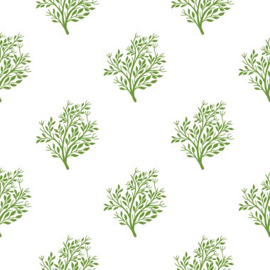 Yeşil ağaç siluetleriyle izole edilmiş, pürüzsüz desen. Beyaz arka plan. Çiçek şekilleri. Stok çizimi. Tekstil, kumaş, hediye paketi, duvar kağıtları için vektör tasarımı.