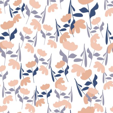 Rastgele pembe ve blie soyut çiçek siluetleri ile el çizimi izole edilmiş, pürüzsüz desen. Beyaz arka plan. Kağıt ve kumaş dokuları için grafiksel tasarım. Vektör İllüstrasyonu.