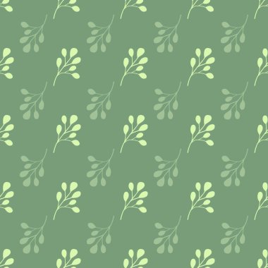 Klasik okaliptüs yaprağı elementleriyle desensiz karalamalar. Pastel yeşili arka plan. Kumaş tasarımı, tekstil baskısı, ambalaj ve kapak için tasarlandı. Vektör illüstrasyonu.