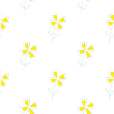 Sarı dört yapraklı yonca elementleriyle minimalist, pürüzsüz çiçek deseni. Beyaz izole fon. Mevsimlik tekstil baskıları, kumaş, afişler, arkaplanlar ve duvar kağıtları için vektör illüstrasyonu.