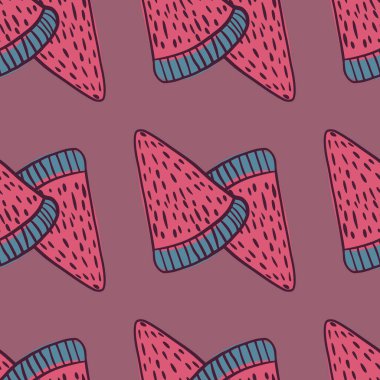 Soyut stil organik pembe karpuz dilimleri kusursuz desen. Karalama baskısı. Mor arka plan. Kağıt ve kumaş dokuları için grafiksel tasarım. Vektör İllüstrasyonu.