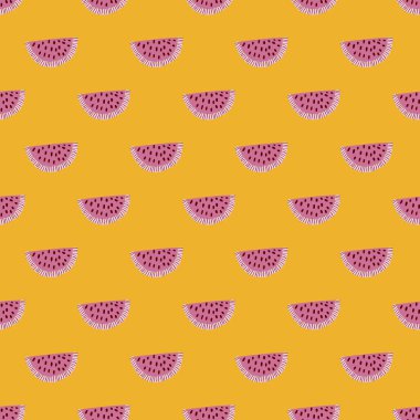 El çizimi basit pembe karpuz dilimleri süsü. Parlak turuncu arka plan. Yaz baskısı. Tekstil, kumaş, hediye paketi, duvar kağıtları için düz vektör baskısı. Sonsuz illüstrasyon.