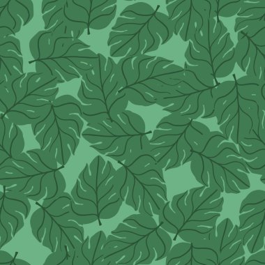 Turkuaz ve yeşil renkli canavar kusursuz bir iz bırakır. Tropik yaprak süsü. Stok çizimi. Tekstil, kumaş, hediye paketi, duvar kağıtları için vektör tasarımı.