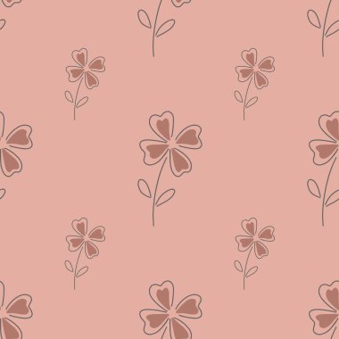 Dört yapraklı yonca şekilli, kusursuz bir doğal desen. Pembe renkli arka plan. Çiçek şekilleri. Kağıt ve kumaş dokuları için grafiksel tasarım. Vektör İllüstrasyonu.