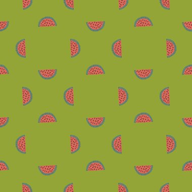 Geometrik dikişsiz desen ve pembe karpuz süsü. Yeşil pastel arka plan. Basit bir parmak izi. Tekstil, kumaş, hediye paketi, duvar kağıtları için düz vektör baskısı. Sonsuz illüstrasyon.
