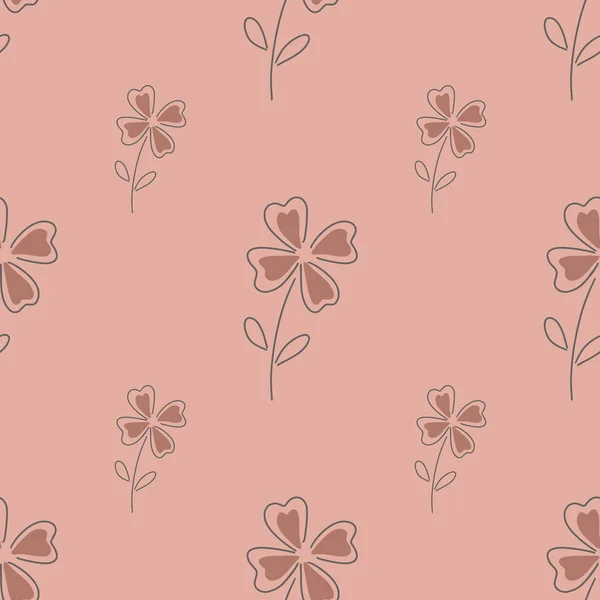 Blütennahtloses Naturmuster Mit Umrissenen Vierblättrigen Kleeblättern Pinkfarbener Hintergrund Florale Formen — Stockvektor
