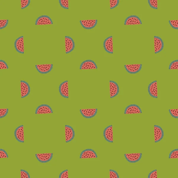Geometrische Naadloze Patroon Met Roze Dooodle Watermeloen Ornament Groene Pastelachtergrond — Stockvector