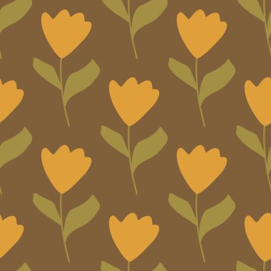 Süssüz, elle çizilmiş turuncu lale çiçekleri süsü. Kahverengi arka plan. Kağıt ve kumaş dokuları için grafiksel tasarım. Vektör İllüstrasyonu.