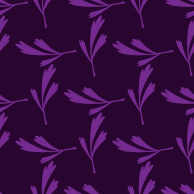 Geometrik mor, dalları karalama tarzında kusursuz bir desen bırakır. Koyu mor arka plan. Kumaş tasarımı, tekstil baskısı, ambalaj ve kapak için tasarlandı. Vektör illüstrasyonu.
