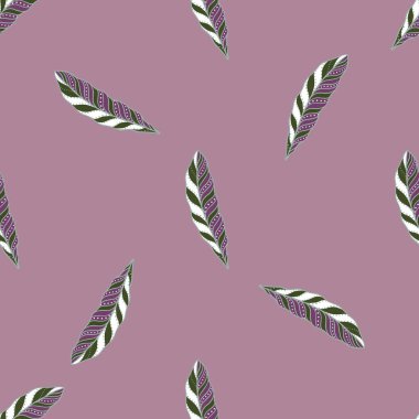 Minimalist tarzda kusursuz desen ve karalama tüyü siluetleri. Pastel mor arka plan. Basit bir parmak izi. Stok çizimi. Tekstil, kumaş, hediye paketi, duvar kağıtları için vektör tasarımı.