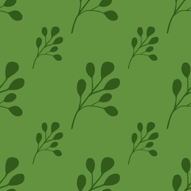 Yeşil tonlarda okaliptüs yapraklı, minimalist, pürüzsüz yaprak deseni. Vintage fon. Kumaş tasarımı, tekstil baskısı, ambalaj ve kapak için tasarlandı. Vektör illüstrasyonu.