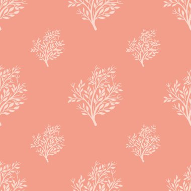Karalama beyazı ağaç siluetleri olan minimalist, pürüzsüz bir desen. Pembe arka plan. Çiçek izi. Stok çizimi. Tekstil, kumaş, hediye paketi, duvar kağıtları için vektör tasarımı.