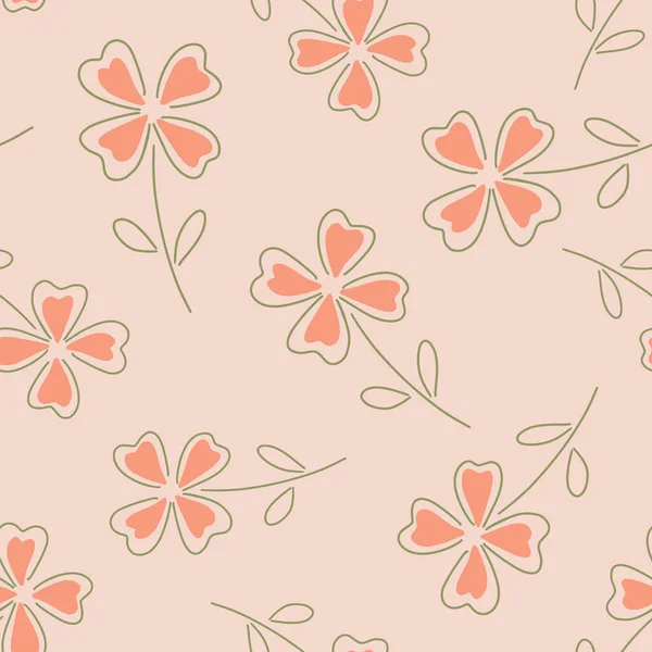 Zartes Nahtloses Muster Mit Zufälligem Vierblättrigem Kleeblatt Ornament Pinkfarbener Hintergrund — Stockvektor