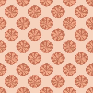 Küçük portakal dilimleri olan organik, pürüzsüz desen. Pembe arka plan. Vitamin sade stil süsü. Stok çizimi. Tekstil, kumaş, hediye paketi, duvar kağıtları için vektör tasarımı.