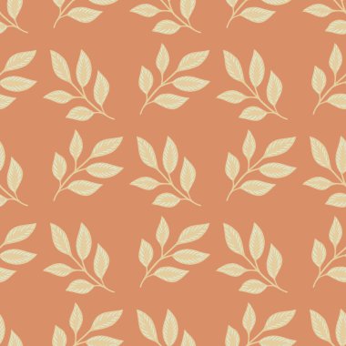 Dekoratif pastel renkler, yaprak dalları şekilli kusursuz desen. Pembe renkli arka plan. Basit bir tarz. Tekstil, kumaş, hediye paketi, duvar kağıtları için düz vektör baskısı. Sonsuz illüstrasyon.