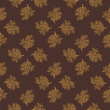 Basit ağaç siluetlerine sahip sonbahar pürüzsüz deseni. Kahverengi arka plan. Dekoratif şekiller. Stok çizimi. Tekstil, kumaş, hediye paketi, duvar kağıtları için vektör tasarımı.