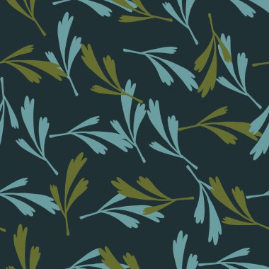 Basit bir yaprak süsüsüyle el çizimi, rastgele, dikişsiz desen. Koyu lacivert arka plan. Kumaş tasarımı, tekstil baskısı, ambalaj ve kapak için tasarlandı. Vektör illüstrasyonu.