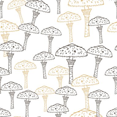 İzole edilmiş mantar şekilli mevsimsel, pürüzsüz desen. Beyaz arka plan. Stok çizimi. Tekstil, kumaş, hediye paketi, duvar kağıtları için vektör tasarımı.