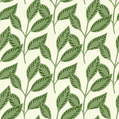 Karalama yay yaprağı dalları yeşil süsleme ile izole edilmiş, pürüzsüz desen. Beyaz arka plan. Dekor baskısı. Tekstil, kumaş, hediye paketi, duvar kağıtları için düz vektör baskısı. Sonsuz illüstrasyon.