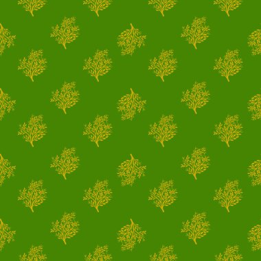 Ağaç siluetleri şekilli dekoratif, pürüzsüz desen. Yeşil parlak bir arka plan. Mevsimlik parmak izi. Stok çizimi. Tekstil, kumaş, hediye paketi, duvar kağıtları için vektör tasarımı.