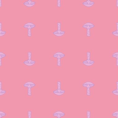 Ucu açık mor mantar süslemesiz desen. Pembe arka plan. Vahşi orman baskısı. Kağıt ve kumaş dokuları için grafiksel tasarım. Vektör İllüstrasyonu.