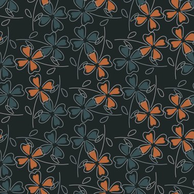 Mavi ve turuncu yonca yapraklı, soyut, pürüzsüz bir desen. Siyah arka plan. Kağıt ve kumaş dokuları için grafiksel tasarım. Vektör İllüstrasyonu.