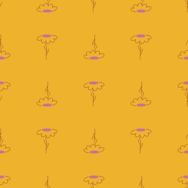 Çayırdaki çiçeklerin pürüzsüz desenleri ve papatya desenleri. Yaz arkaplanı. Turuncu renkler. Kumaş tasarımı, tekstil baskısı, ambalaj ve kapak için mükemmel. Vektör illüstrasyonu.