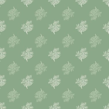 Basit ağaç silueti şekilli, dikdörtgen desenli klasik bir çiçek deseni. Yeşil soluk arkaplan. Doğa baskısı. Stok çizimi. Tekstil, kumaş, hediye paketi, duvar kağıtları için vektör tasarımı.