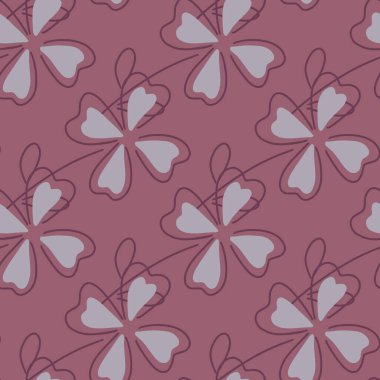 Gri yonca şekilli, kusursuz bir desen. Soluk pembe arka plan. Dekoratif çiçek arkaplanı. Kağıt ve kumaş dokuları için grafiksel tasarım. Vektör İllüstrasyonu.