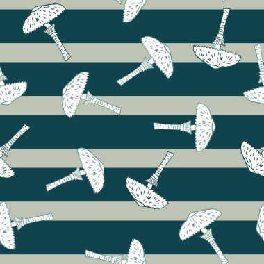 Sonbahar mevsimsel, mantar şekilli, dikişsiz desen. Mavi çizgili arka plan. Stok çizimi. Tekstil, kumaş, hediye paketi, duvar kağıtları için vektör tasarımı.