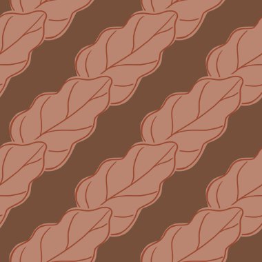 Çizgili çapraz meşe yapraklarıyla dekoratif dikişsiz yaprak deseni. Kahverengi arka plan. Tekstil, kumaş, hediye paketi, duvar kağıtları için düz vektör baskısı. Sonsuz illüstrasyon.