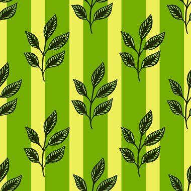Yaprak dalları süslemeli botanik desenli. Yeşil çizgili arka plan. Bitkisel şekiller. Tekstil, kumaş, hediye paketi, duvar kağıtları için düz vektör baskısı. Sonsuz illüstrasyon.