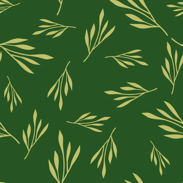 Zufällige Gelbe Blatt Zweige Nahtlose Doodle Muster Grüner Hintergrund Laubkritzelkulisse — Stockvektor