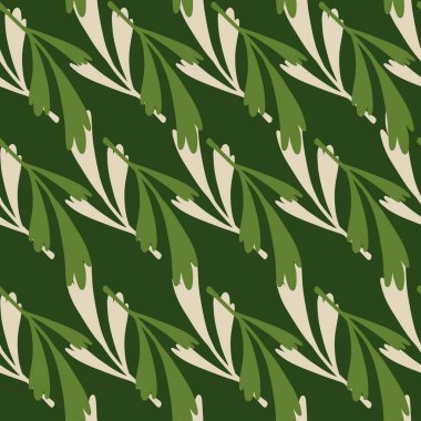 Doğal botanik yaprağı süslemesi olan bitkisel dikişsiz desen. Yeşil arka plan. Dekoratif çiçek izi. Kumaş tasarımı, tekstil baskısı, ambalaj ve kapak için tasarlandı. Vektör illüstrasyonu.