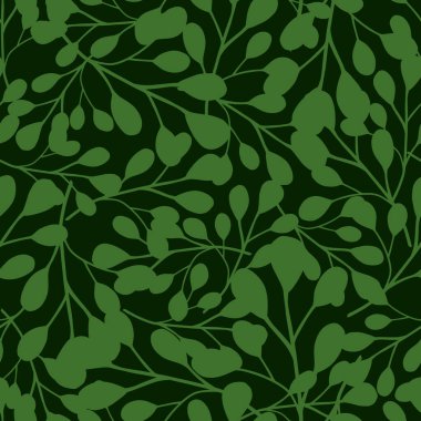 Tropikal tarzda soyut yeşil okaliptüs yaprağı dikişsiz desen. Karanlık arka plan. Rastgele bir süs. Kumaş tasarımı, tekstil baskısı, ambalaj ve kapak için tasarlandı. Vektör illüstrasyonu.