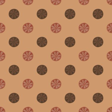 Yaratıcı bir portakal dilimi süslemesi olan soyut meyve kalıpları. Bej arka plan. Doğa baskısı. Stok çizimi. Tekstil, kumaş, hediye paketi, duvar kağıtları için vektör tasarımı.