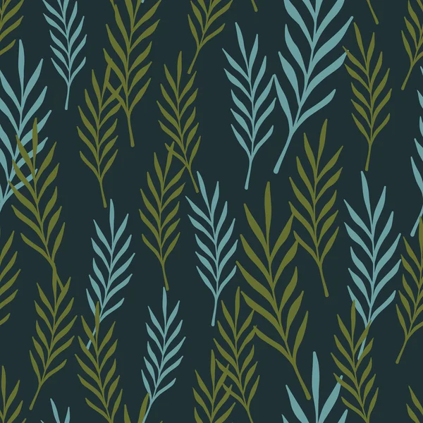 青と緑のランダムな葉の小枝抽象的なシームレスなパターン 濃紺の背景 ストックイラスト テキスタイル ファブリック ギフトラップ 壁紙のためのベクトルデザイン — ストックベクタ