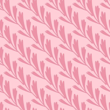 Çapraz yaprak siluetleriyle bahçesiz desen. Pembe pastel sanat eseri. Botanik arka planı. Kumaş tasarımı, tekstil baskısı, ambalaj ve kapak için tasarlandı. Vektör illüstrasyonu.