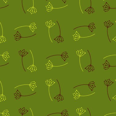Soyut organik desenli, karahindiba çiçekli süslemeli. Yeşil arka plan. Mevsimlik tekstil baskıları, kumaş, afişler, arkaplanlar ve duvar kağıtları için vektör illüstrasyonu.