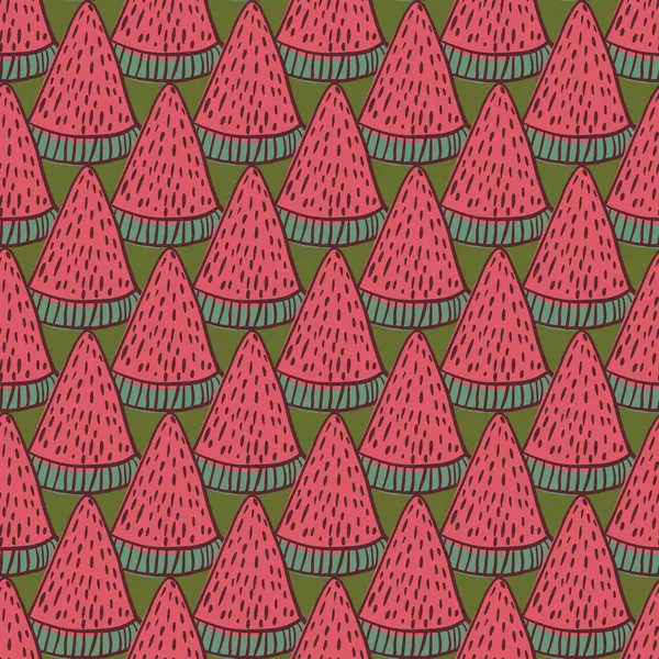 Organic Seamless Doodle Pattern Watermelon Berries Shapes Green Background Doodle — Stock Vector