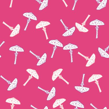 Doğal sonbahar, rastgele mantar şekilli, pürüzsüz desen. Taslak beyaz süs. Pembe arka plan. Stok çizimi. Tekstil, kumaş, hediye paketi, duvar kağıtları için vektör tasarımı.