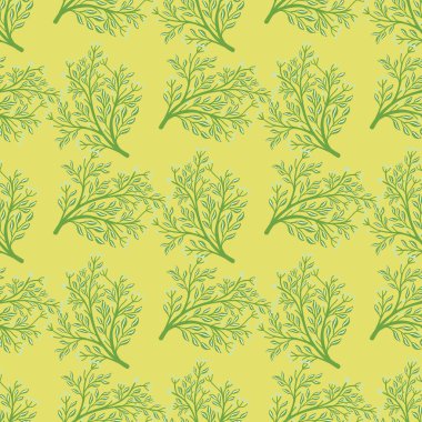 Yeşil rastgele çalı siluetleri karalama stilinde kusursuz desen. Açık sarı arkaplan. Soyut yazıları karala. Stok çizimi. Tekstil, kumaş, hediye paketi, duvar kağıtları için vektör tasarımı.