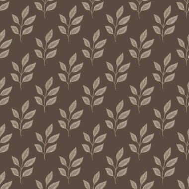 Soyut stil, doğal, dikişsiz desen ve karalama yaprağı dalları. Gri ve kahverengi soluk renkler. Tekstil, kumaş, hediye paketi, duvar kağıtları için düz vektör baskısı. Sonsuz illüstrasyon.