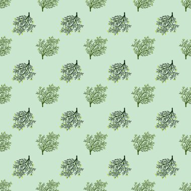 Çiçek yeşili çalı siluetleri karalama tarzında pürüzsüz desenli. Açık mavi arkaplan. Çiçek arkaplanı. Stok çizimi. Tekstil, kumaş, hediye paketi, duvar kağıtları için vektör tasarımı.