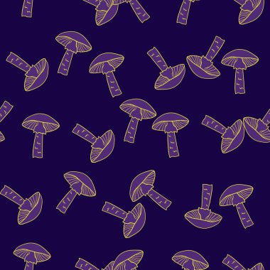 Rastgele sarı şekilli mantar şekilli karalama deseni. Koyu mor arka plan. Mevsimlik tekstil baskıları, kumaş, afişler, arkaplanlar ve duvar kağıtları için vektör illüstrasyonu.