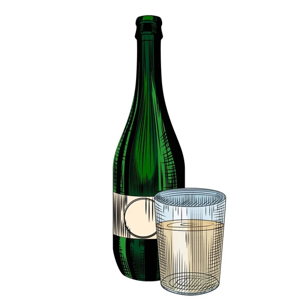 Bottiglia Sidro Artigianale Con Bicchiere Pieno Collin Alcol Disegnato Mano — Vettoriale Stock