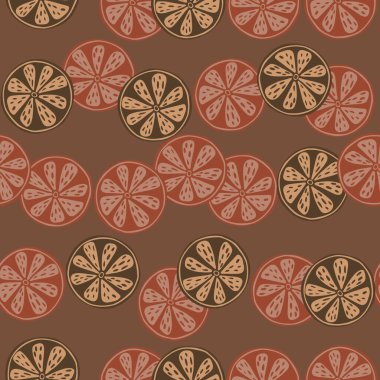 Soyut narenciye dilimlerine sahip vitaminsiz desen. Kahverengi arka plan. Düz meyve arkaplanı. Stok çizimi. Tekstil, kumaş, hediye paketi, duvar kağıtları için vektör tasarımı.