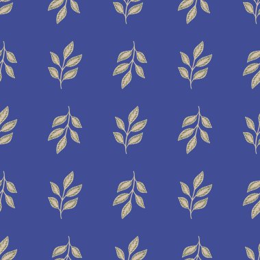 Gri, sade yaprak süsü olan organik, pürüzsüz bir desen. Mavi parlak arka plan. Mevsimlik süs. Tekstil, kumaş, hediye paketi, duvar kağıtları için düz vektör baskısı. Sonsuz illüstrasyon.