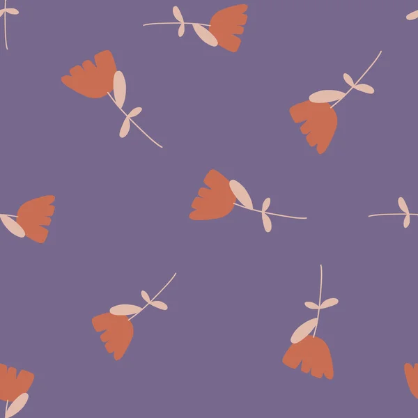 ランダムオレンジシンプルな花のシルエットシームレスパターン パステルパープルの背景 シンプルなスタイル 季節のテキスタイルプリント ファブリック バナー 背景や壁紙のためのベクトルイラスト — ストックベクタ